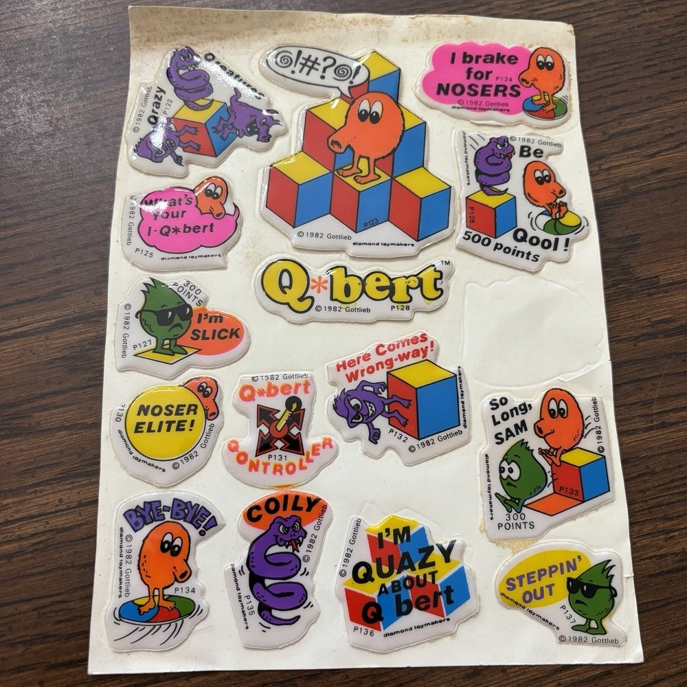 Vintage 1982 QBert Puffy Sticker Sheet Diamond Toymaker Arcade Gaming